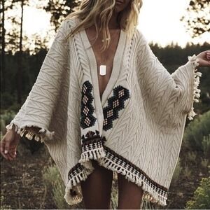 NWT‎ Chaser Fringe Embroidered Oversized Kimono Sweater Campfire XS/S
